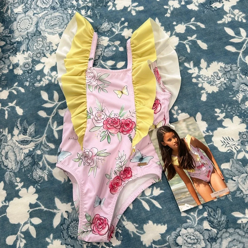 Patachou Girls Pink Floral & Butterfly Print Swimsuit
